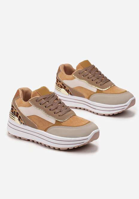 Brązowe Sneakersy na Wysokiej Podeszwie z Błyszczącymi Wstawkami Lovana