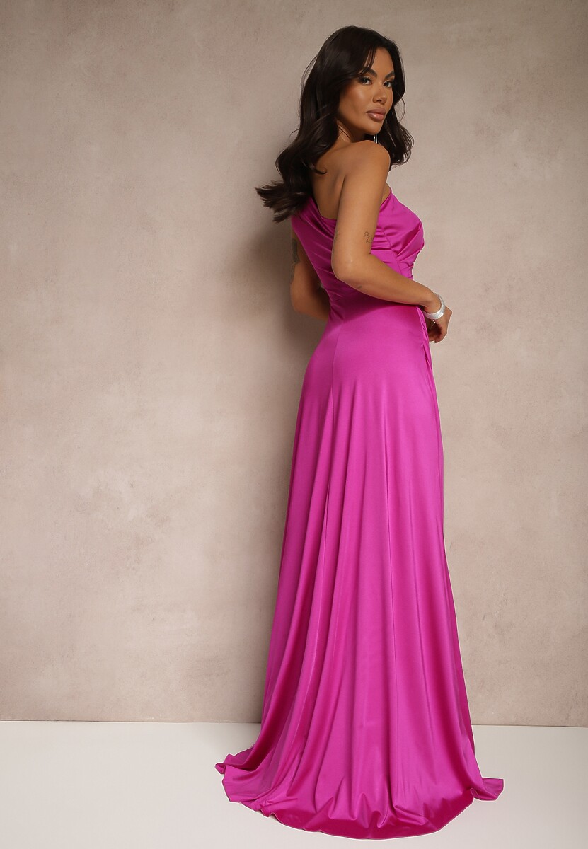 Fuksjowa Marszczona Sukienka o Asymetrycznym Kroju z Rozcięciem Taliona