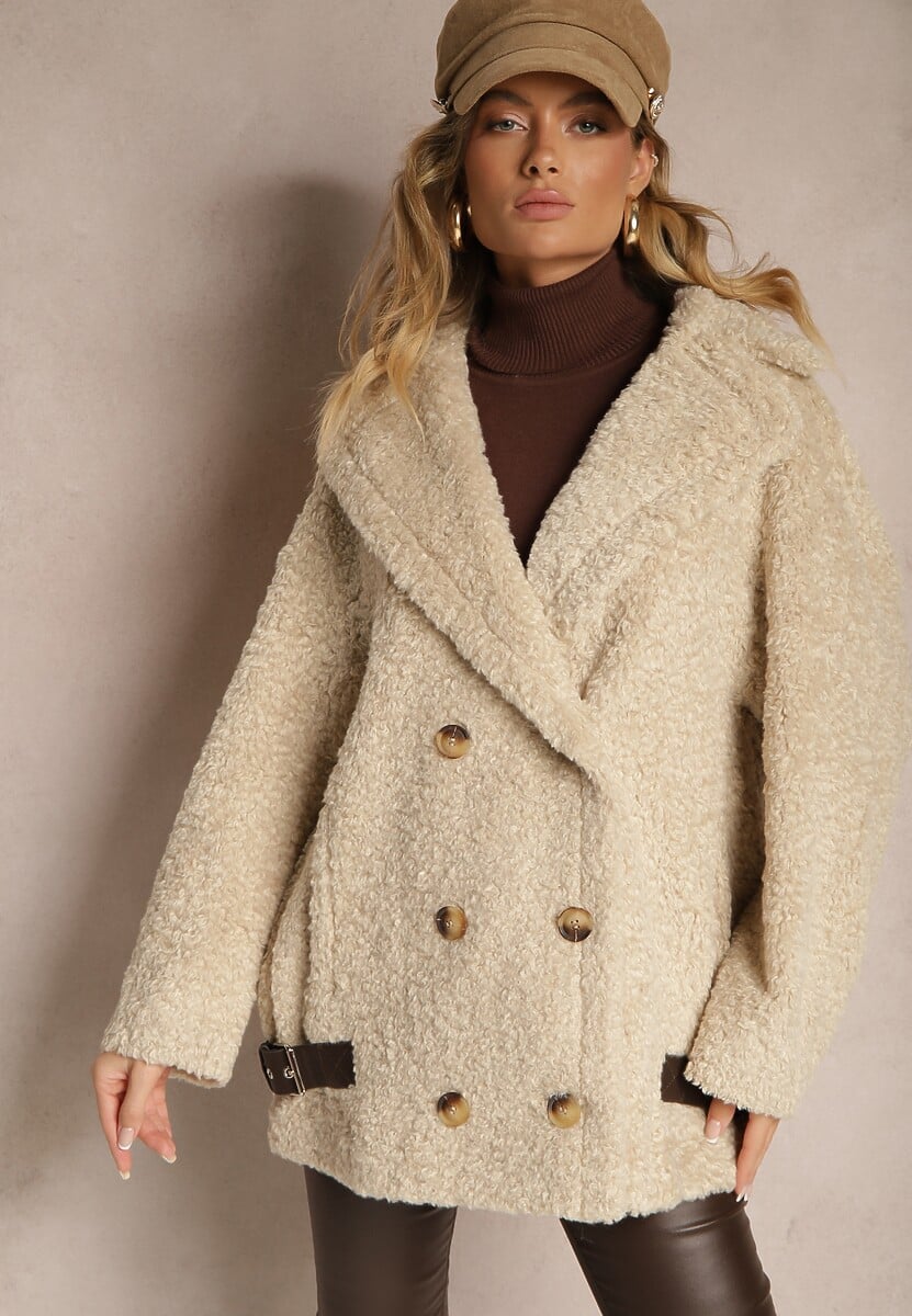 Szara Futrzana Kurtka Typu Baranek z Ozdobnymi Paskami i Dwurzędowym Zapięciem Nikira