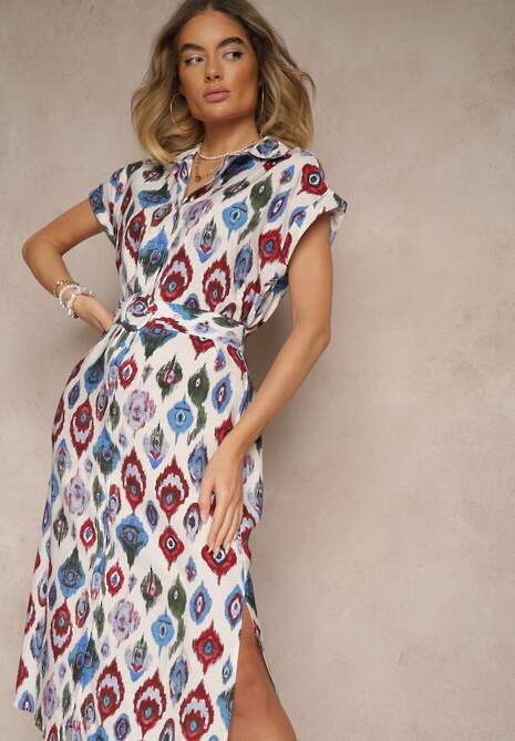 Niebieska Sukienka z Wiskozą o Koszulowym Kroju z Paskiem z Klamrą w Etno Print Jenavianea
