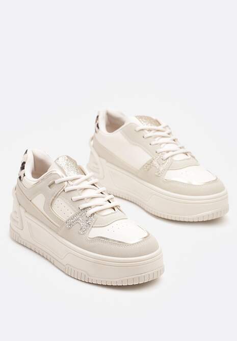 Beżowe Sneakersy na Tłoczonej Platformie z Geometrycznym Motywem Eloneo