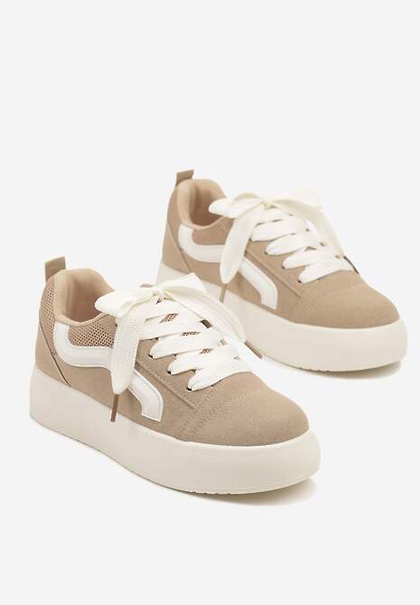 Ciemnobeżowe Sneakersy na Platformie z Geometrycznym Wzorem Kornelna