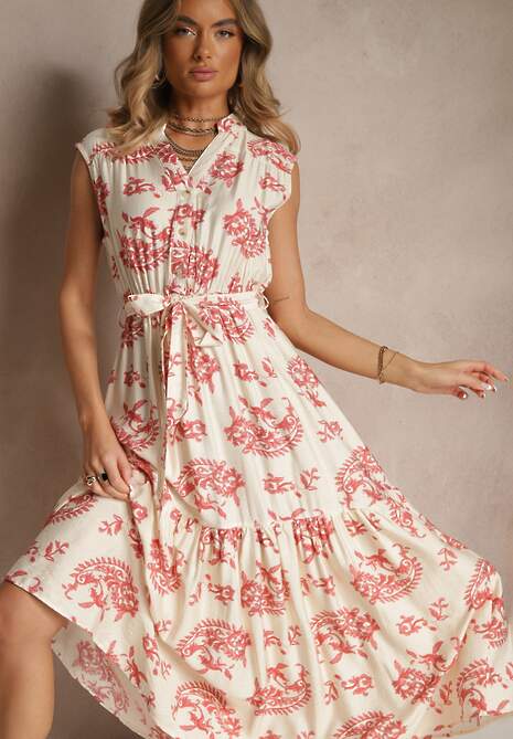 Beżowo-Różowa Sukienka z Wiskozy z Paskiem i Abstrakcyjnym Wzorem Rinalora