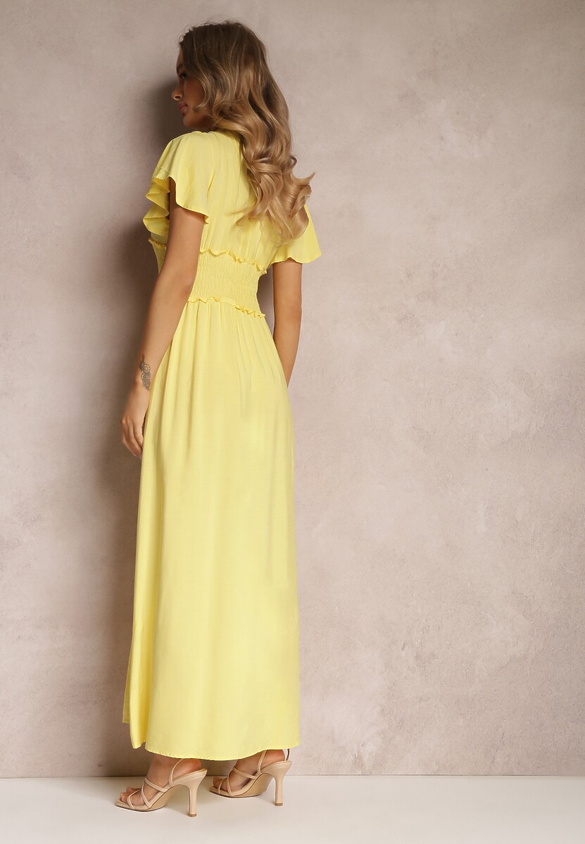 Żółta Wiskozowa Sukienka z Kopertowym Dekoltem i Gumką w Pasie Shura