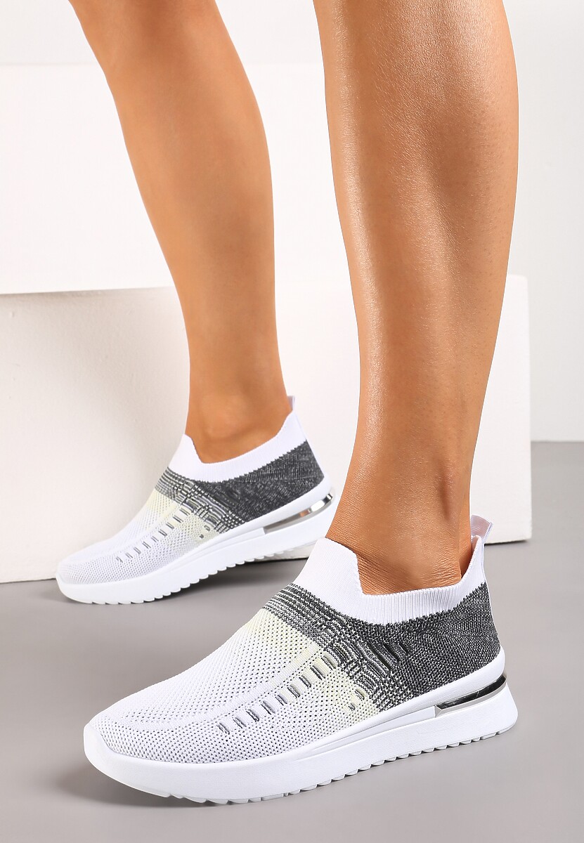 Biało-Czarne Buty Sportowe z Nadrukiem Obmre i Skarpetkową Cholewką Erinevia