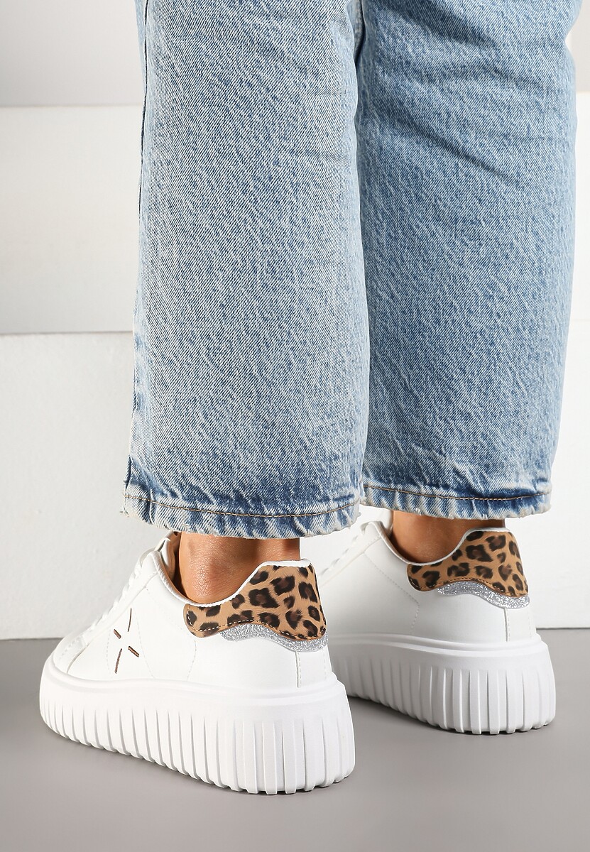 Białe Panterkowe Sneakersy na Platformie z Tłoczeniem i Brokatową Wstawką Nuselin