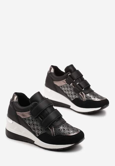 Czarne Sneakersy na Niewysokiej Koturnie na Rzepy Portha