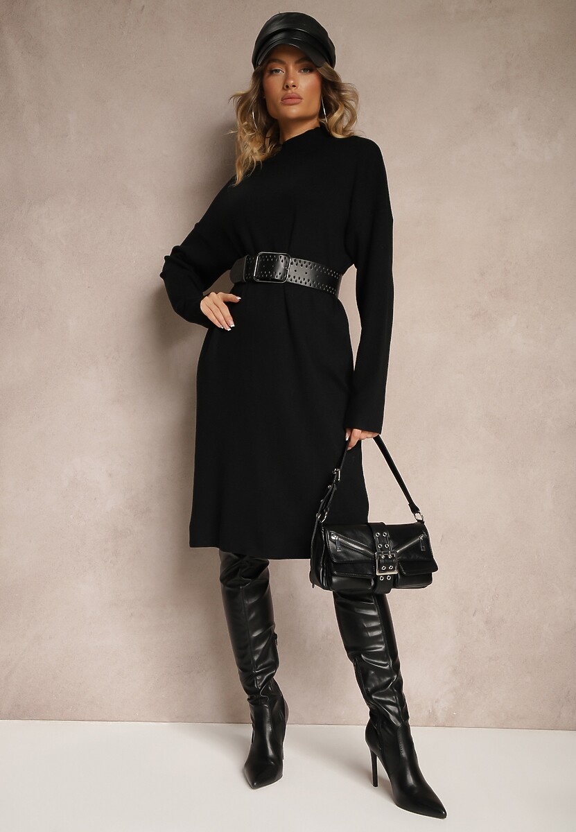 Szara Pudełkowa Sukienka z Półgolfem Wełną i Bawełną Gilara