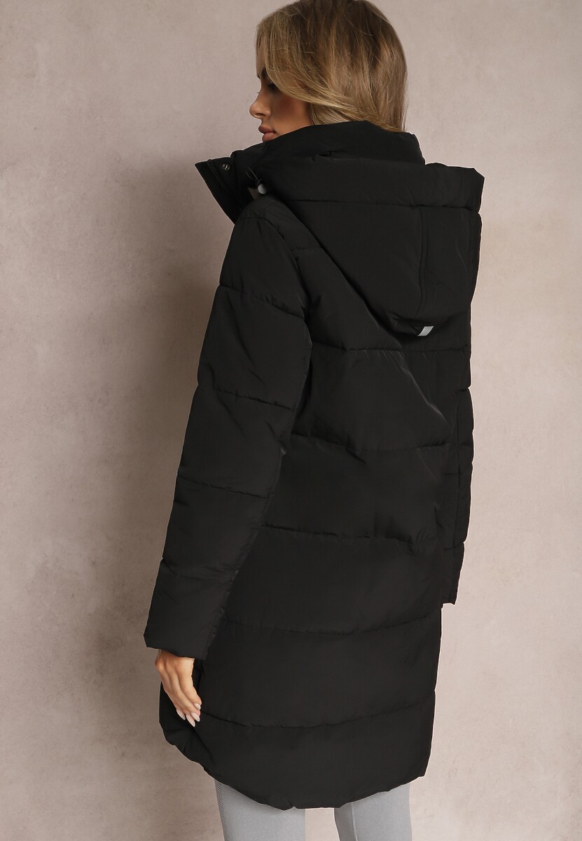 Czarna Pikowana Kurtka do Kolana z Odpinanym Kapturem Tolvina