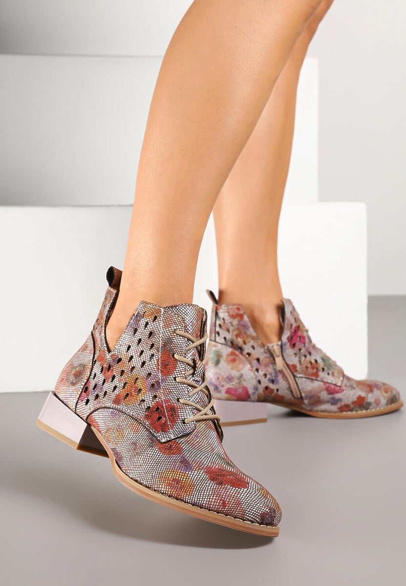 Szaro-Czerwone Botki ze Skórzaną Wkładką i Ażurowym Wzorem Nantiela