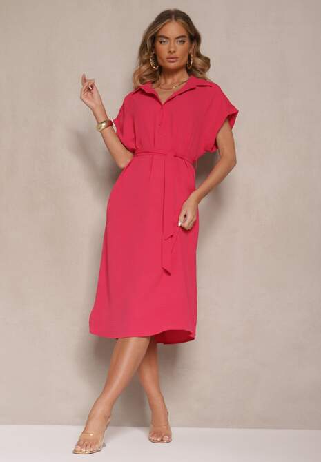 Różowa Pudełkowa Sukienka z Bawełną i Paskiem Savorienne
