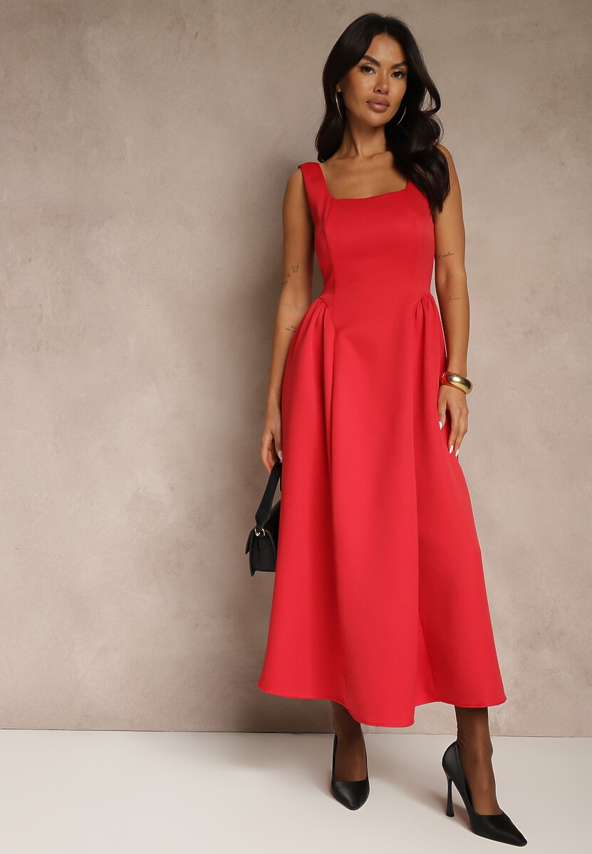 Brązowa Sukienka o Rozkloszowanym Kroju na Szerokich Ramiączkach Retelina