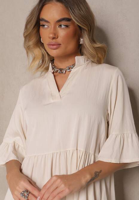 Beżowa Rozkloszowana Sukienka z Wiskozą i Falbanami Eviranna