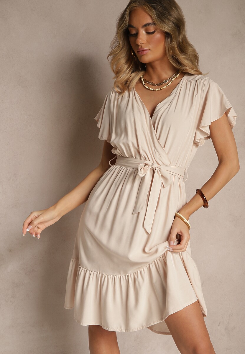 Beżowa Kopertowa Sukienka z Wiskozy Ozdobiona Paskiem Lanestea