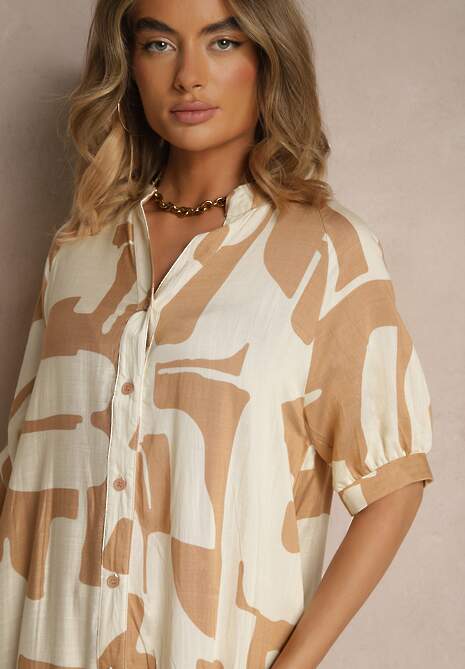 Beżowa Sukienka z Wiskozy Ozdobiona Geometrycznym Motywem Filorea