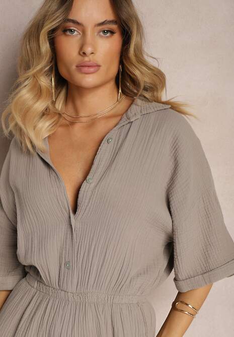 Ciemnobeżowy Taliowany Kombinezon z Bawełny Góra w Formie Koszuli oraz Luźne Spodnie Namsorin