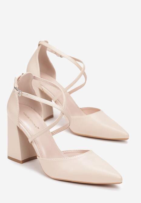 Beżowe Czółenka na Słupku ze Sprzączką i Szpiczastym Noskiem Crossmel