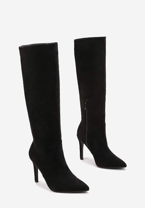 Czarne Kozaki przed Kolano na Szpilce z Noskiem w Szpic Modara