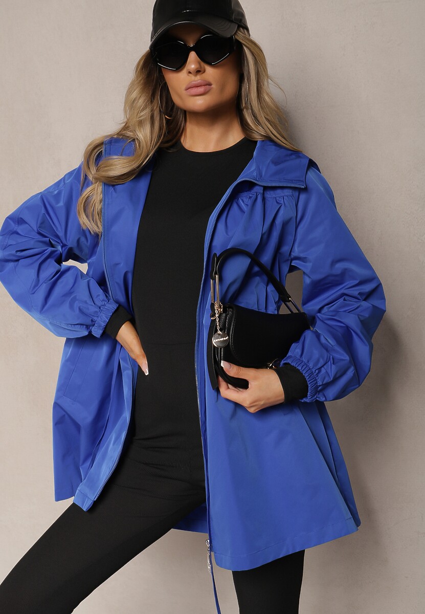 Granatowa Kurtka w Stylu Parki Wiązana w Pasie Nevithia