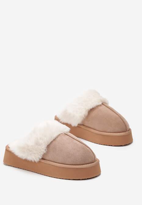 Ciemnobeżowe Kapcie z Imitacji Zamszu na Platformie z Futerkiem i Pionowym Przeszyciem Silvara