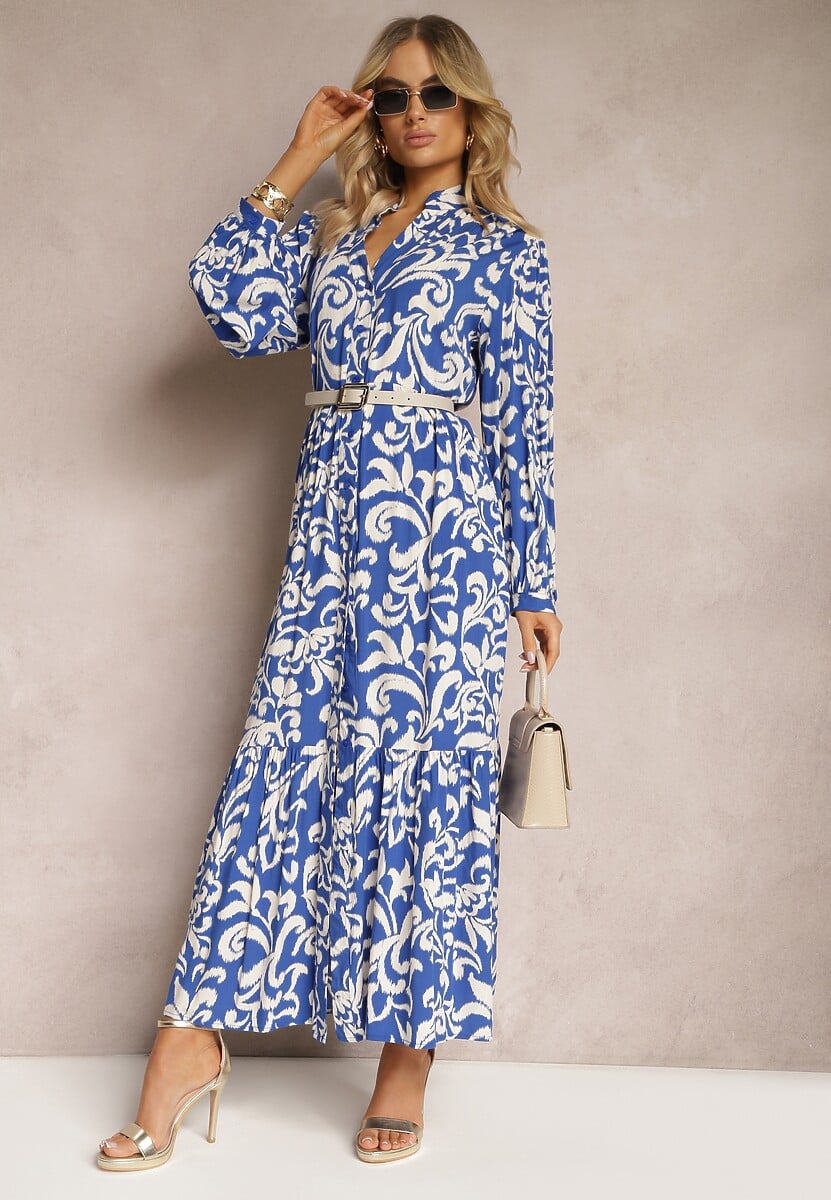 Niebieska Rozkloszowana Sukienka Maxi z Wiskozy o Koszulowym Kroju w Ornamentalny Print Leonorra