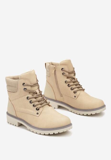Beżowe Sznurowane Casualowe Traperki na Płaskiej Podeszwie Relobia