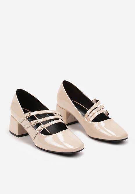 Beżowe Lakierowane Czółenka w Stylu Mary Jane z Cienkimi Paseczkami Berisana