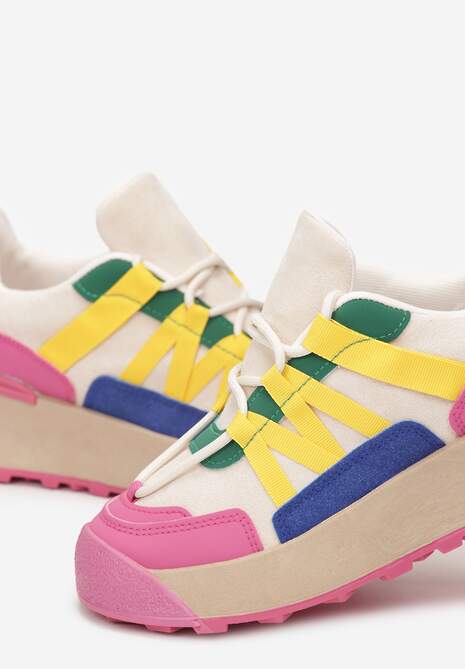 Fuksjowe Sznurowane Płaskie Sneakersy z Kolorowymi Wstawkami z Ekoskóry Wonise