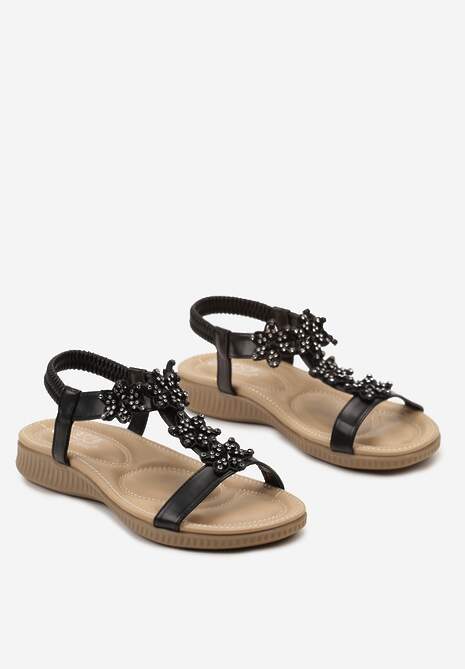 Czarne Wsuwane Sandały z Cyrkoniami z Motywem Kwiatowym Effika
