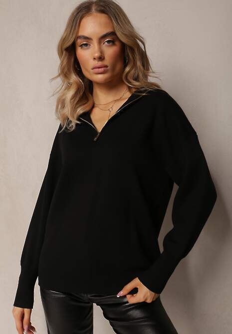 Czarny Golf w Stylu Sweterkowym z Zamkiem na Dekolcie Davinde