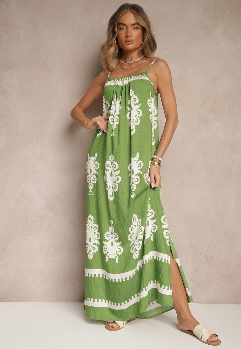 Czarna Rozkloszowana Sukienka na Ramiączkach w Ornamentalny Print Reveleine