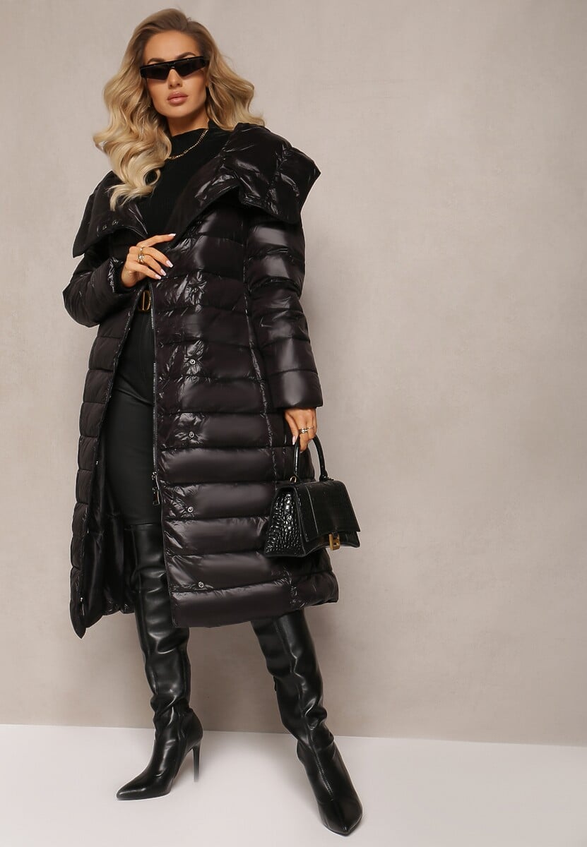 Czarna Długa Kurtka Pikowana Płaszcz z Szerokim Kołnierzem Mizii