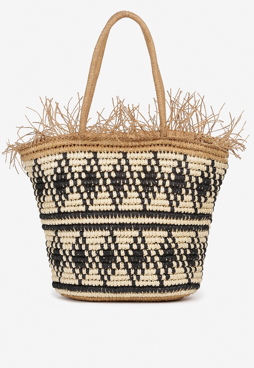 Beżowo-Różowa Torebka z Plecionki Ozdobiona Frędzlami Zapinana na Zamek Błyskawiczny Timazella