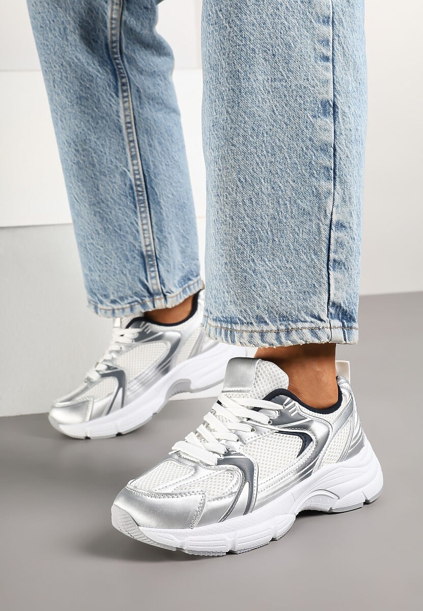 Biało-Srebrne Sneakersy na Grubej Podeszwie z Cholewką z Siateczką Zollexia