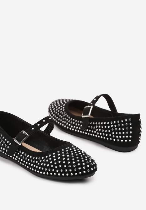 Czarne Balerinki na Płaskiej Podeszwie w Stylu Mary Jane z Cyrkoniami i Ozdobnym Paskiem Ivilra