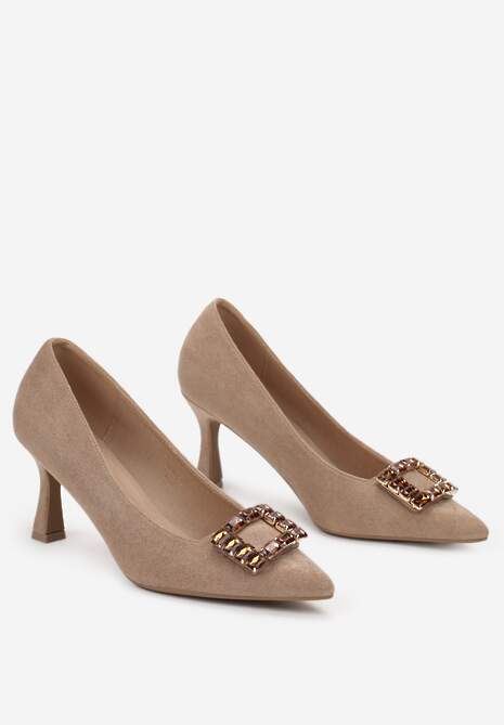Beżowe Czółenka na Obcasie z Klamrą z Cyrkoniami na Szpiczastym Nosku Marthine