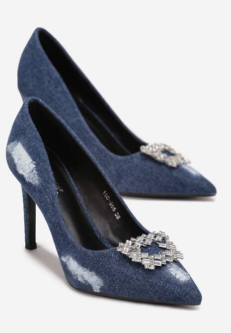 Granatowe Szpilki Jeansowe z Ozdobą w Cyrkonie Lalya