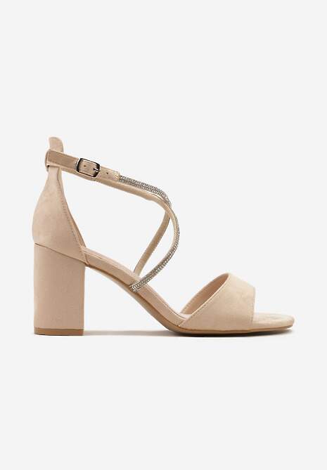 Beżowe Sandały Zapinane wokół Kostki Ozdobione Cyrkoniami na Słupku Kenai