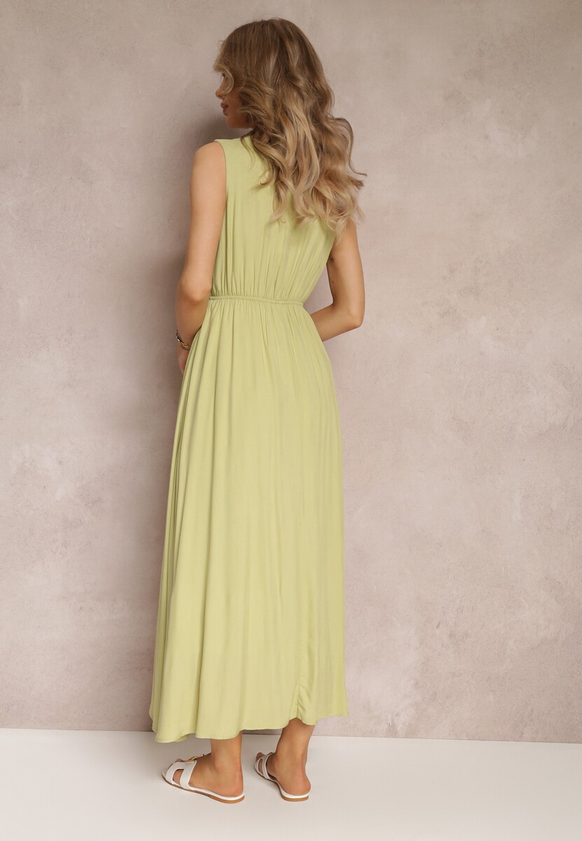 Zielona Rozkloszowana Sukienka Maxi z Gumką w Talii i Ozdobnymi Guzikami z Wiskozy Vianna