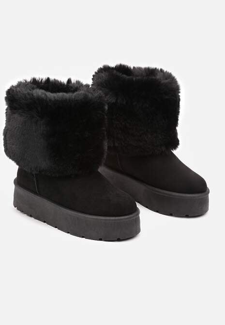 Czarne Śniegowce na Grubej Podeszwie Ozdobione Futerkiem Naolani