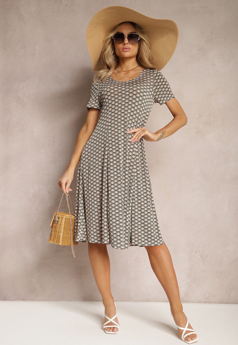 Zielono-Beżowa Wiskozowa Sukienka o Rozkloszowanym Fasonie Ibelia