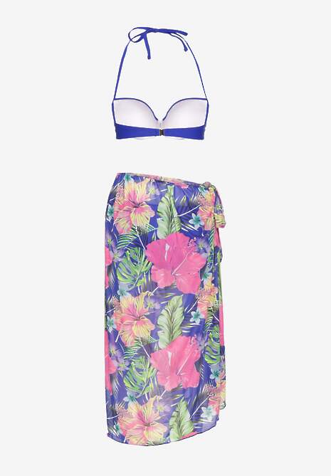 Niebieskie Bikini  Majtki Figi Biustonosz z Wiązaniem i Kwiatowe Pareo Folanira