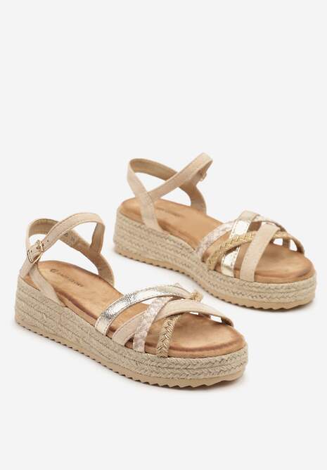 Beżowe Sandały na Plecionej Podeszwie ze Splecionymi Paskami Emvania
