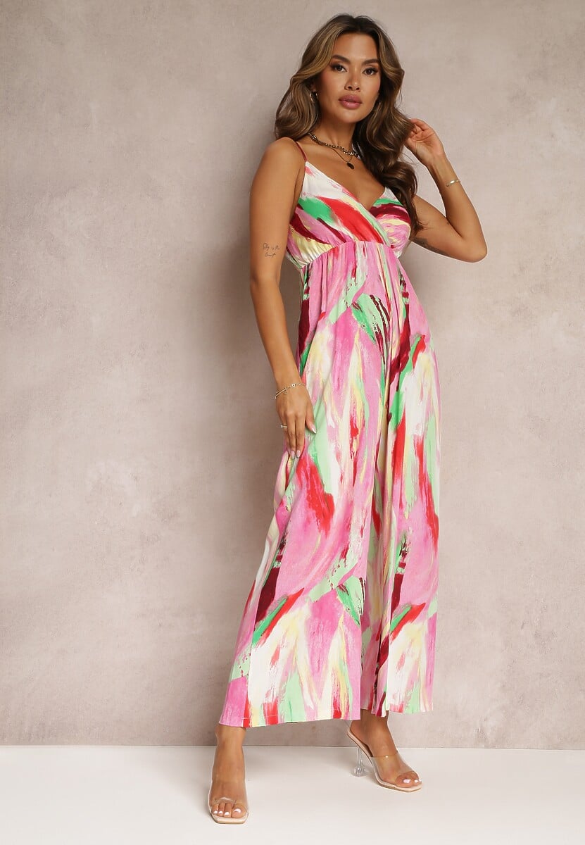 Czerwony Długi Kombinezon na Ramiączkach z Gumką w Pasie Maeville