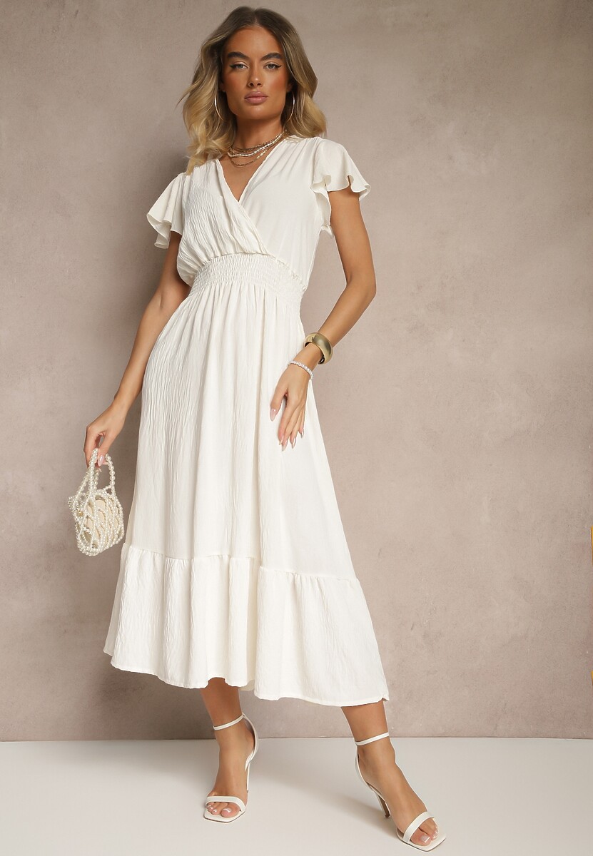 Jasnobeżowa Kopertowa Sukienka o Rozkloszowanym Fasonie z Gumką w Talii Reivione