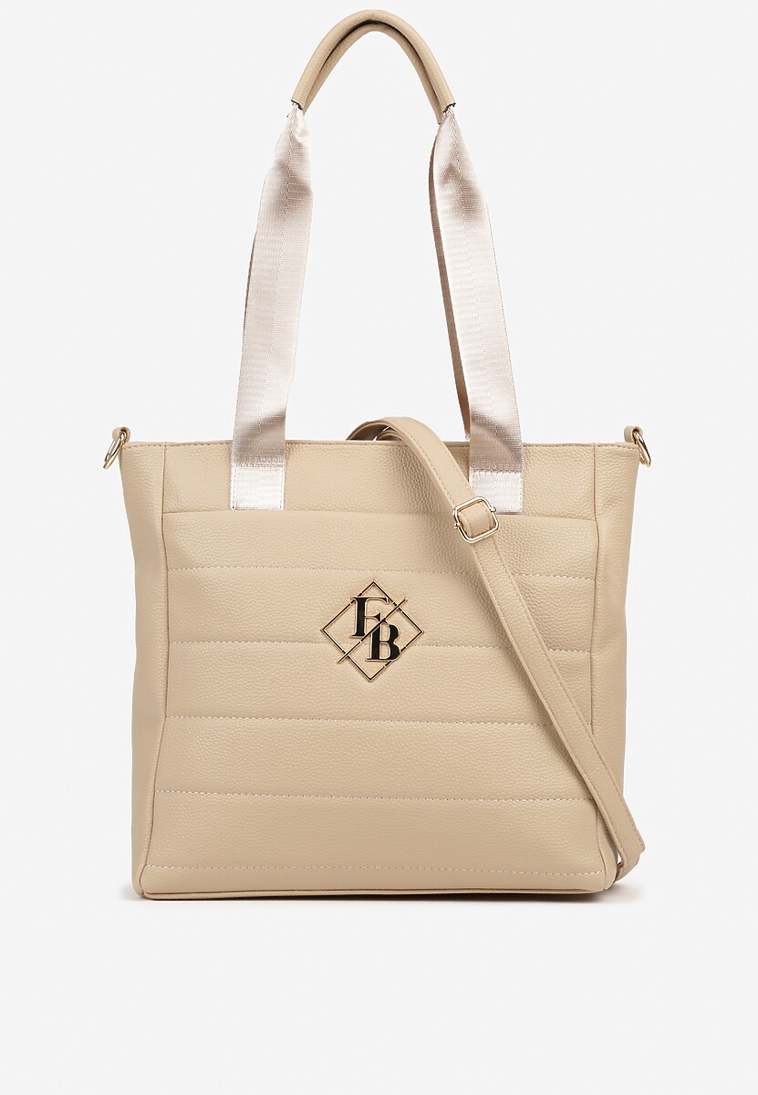 Ciemnobeżowa Torebka Typu Shopper z Paskiem Crossbody i Aplikacją Zdobiona Pikowaniem Fleomira