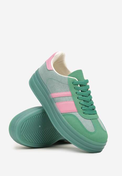 Zielono-Różowe Sneakersy w Stylu Tenisówek z Geometrycznym Wzorem Melundea