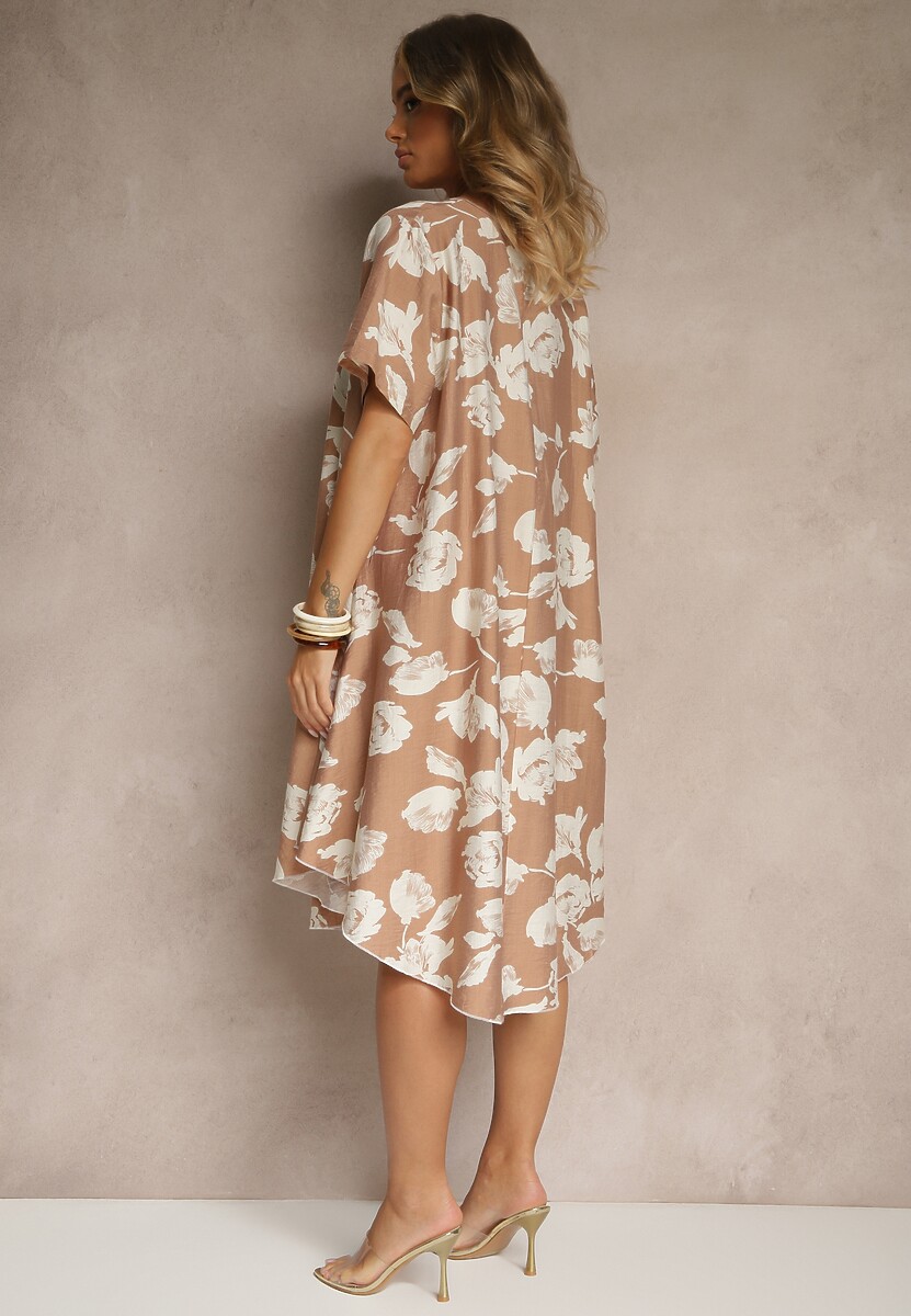 Ciemnobeżowa Sukienka Pudełkowa z Wiskozy w Kwiaty Aranolia
