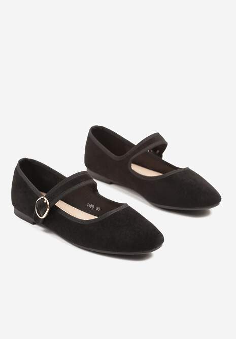 Czarne Balerinki w Stylu Mary Jane z Imitacji Zamszu Lisalira