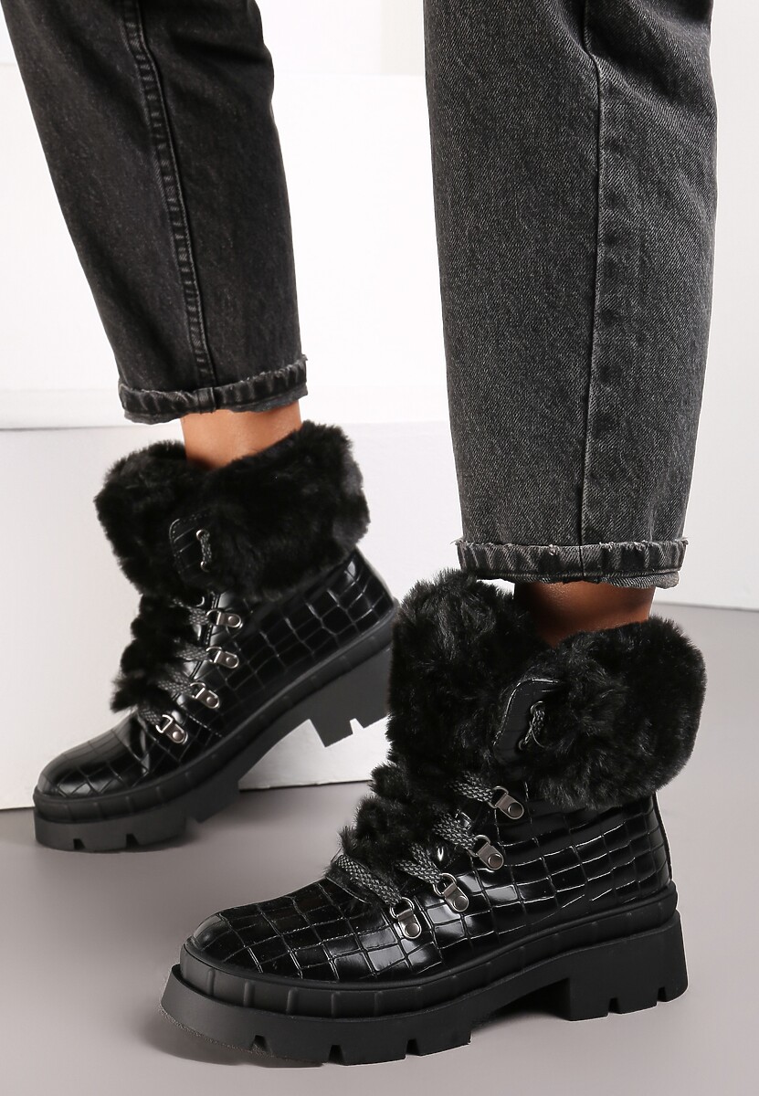 Czarne Botki w Krokodyli Wzór z Futerkiem Guenmon